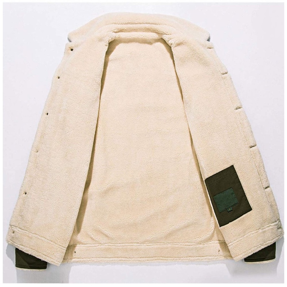 Army Green Button Up Sherpa Fleece Lined Denim - Picture 3 of 7